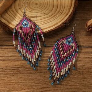 Colorful Beads Tassel Dangle Pink and Blue Earrings Retro Bohemian Style